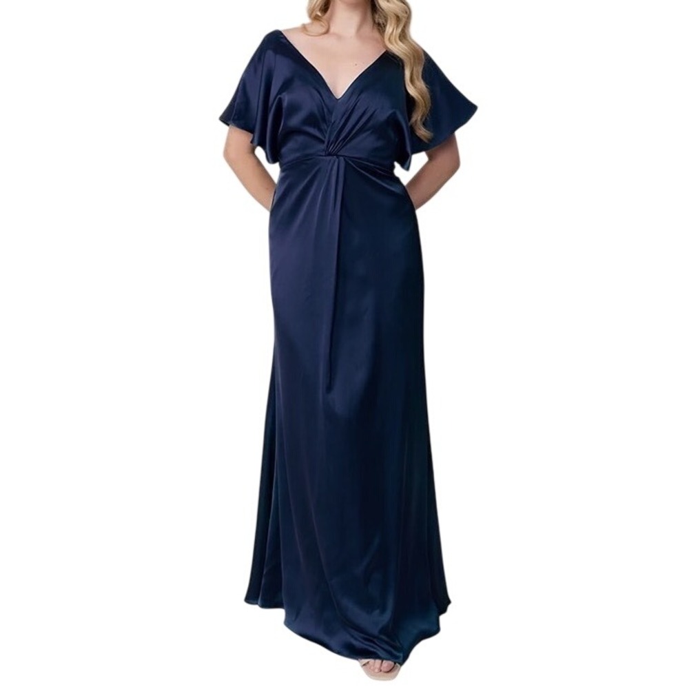 Revelry Gwen Navy Short Sleeve Navy Blue Satin Floor Length Gown Women's Size 22 - Picture 1 of 12